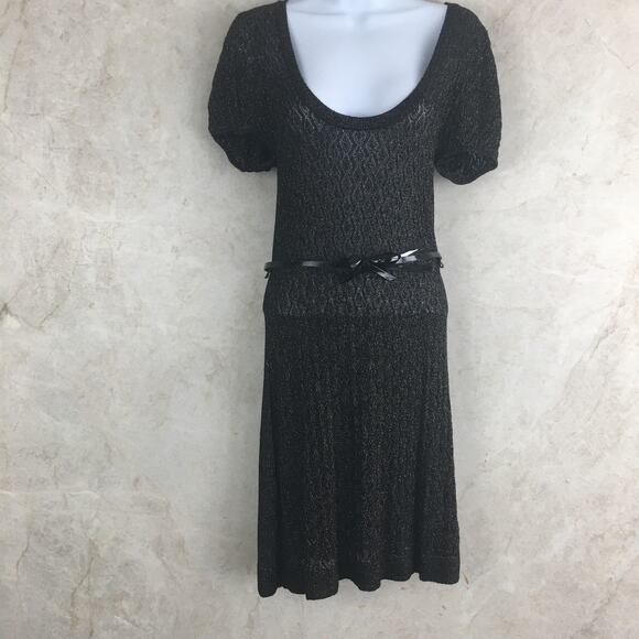 Kensie Lite-Knit Black and Gold Form Fitting Belted Midi-Dress Size Medim - Picture 7 of 10